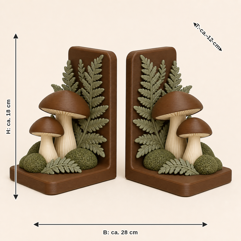 Maßbild für Pilzwald-Buchstützen-Paar Doppelpilz: Breite ca. 28 cm, Tiefe ca. 12 cm, Höhe ca. 18 cm