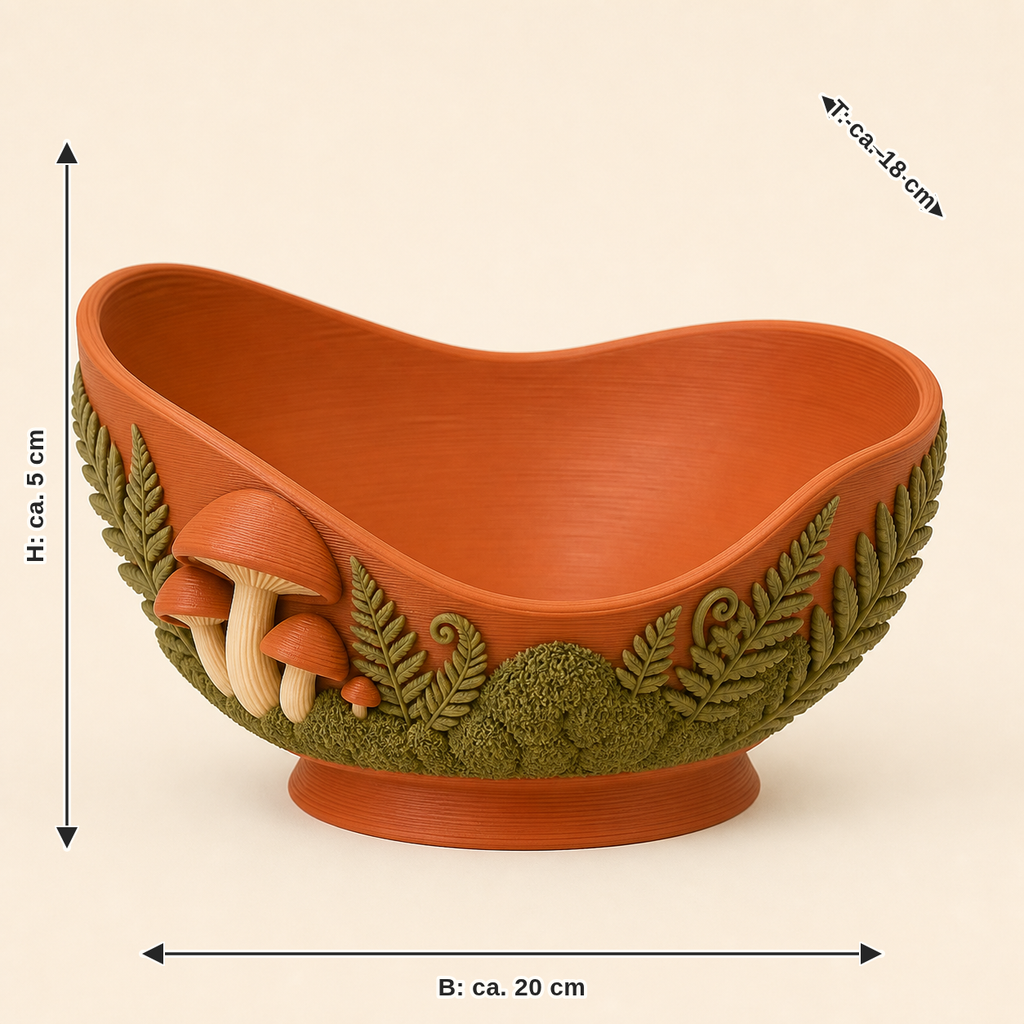Maßbild für Pilzwald-Dekoschale Moosmulde: Breite ca. 20 cm, Tiefe ca. 18 cm, Höhe ca. 5 cm