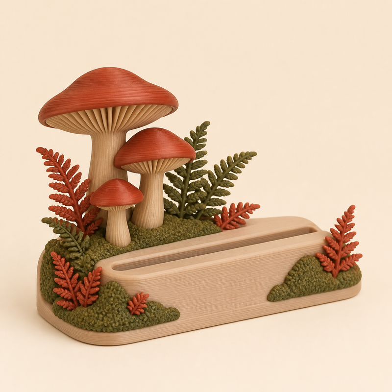Pilzwald-Fotohalter Waldfund aus 3D-gedrucktem PETG in Rostrot, Moosgrün, Beige