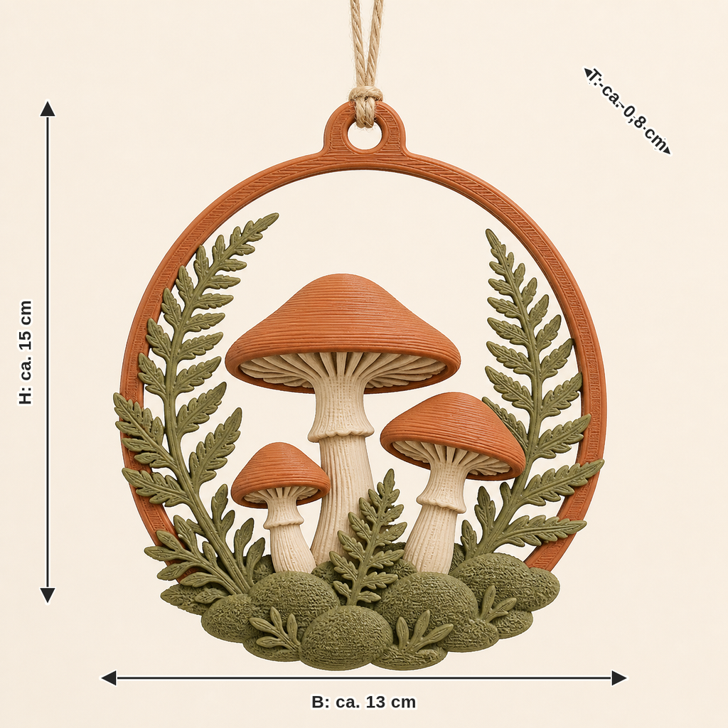 Maßbild für Pilzwald-Hängedeko Waldhauch: Breite ca. 13 cm, Tiefe ca. 0.8 cm, Höhe ca. 15 cm