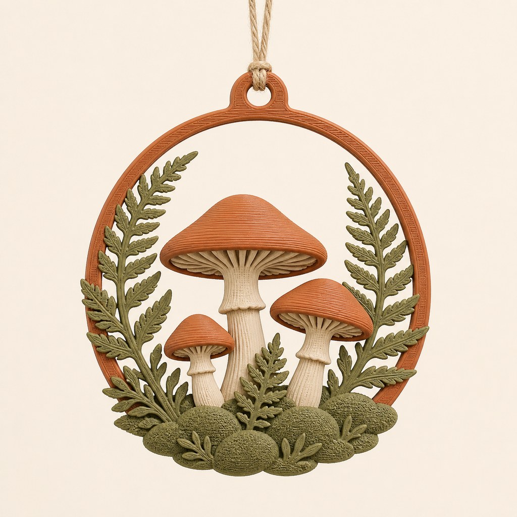 Pilzwald-Hängedeko Waldhauch aus 3D-gedrucktem PETG in Terrakotta, Olivgrün, Creme