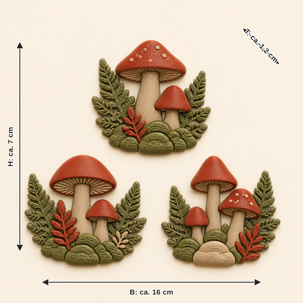 Maßbild für Pilzwald-Magnet-Set Pilz-Trio: Breite ca. 16 cm, Tiefe ca. 1.2 cm, Höhe ca. 7 cm
