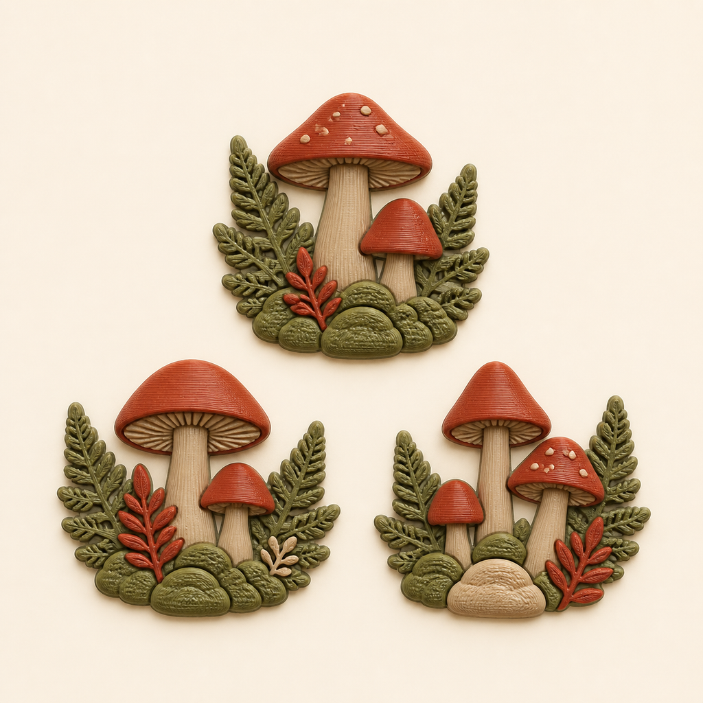 Pilzwald-Magnet-Set Pilz-Trio aus 3D-gedrucktem PETG in Rostrot, Moosgrün, Beige
