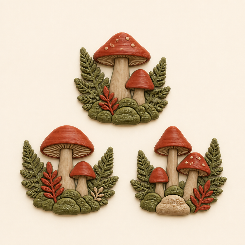 Pilzwald-Magnet-Set Pilz-Trio aus 3D-gedrucktem PETG in Rostrot, Moosgrün, Beige