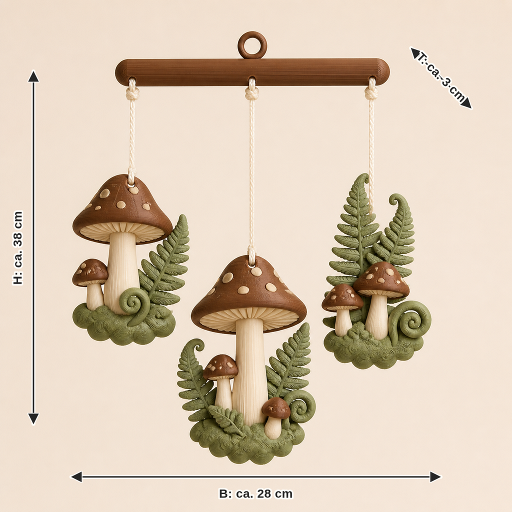 Maßbild für Pilzwald-Mobile Pilztanz: Breite ca. 28 cm, Tiefe ca. 3 cm, Höhe ca. 38 cm