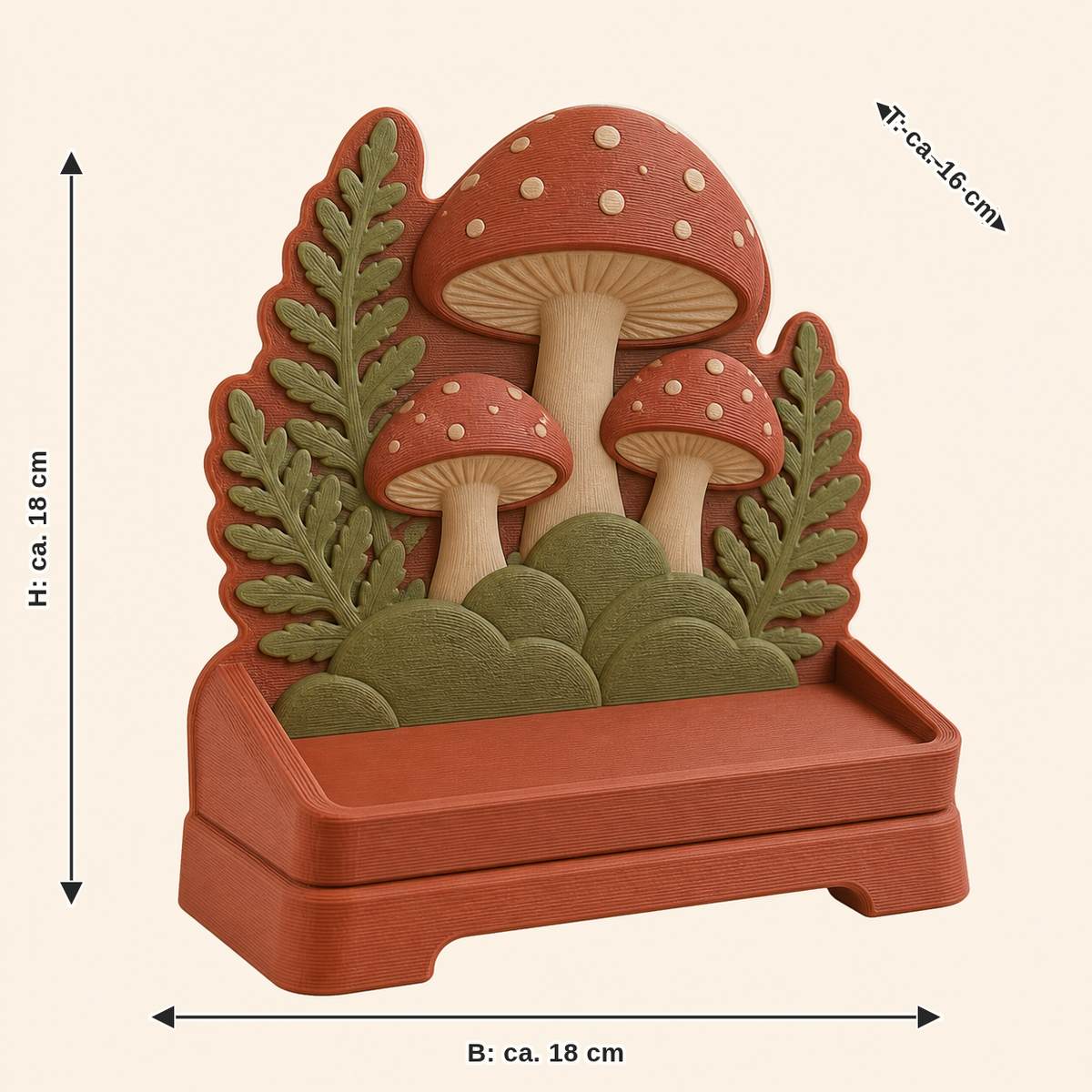 Maßbild für Pilzwald-Präsentationsständer Pilzbühne: Breite ca. 18 cm, Tiefe ca. 16 cm, Höhe ca. 18 cm