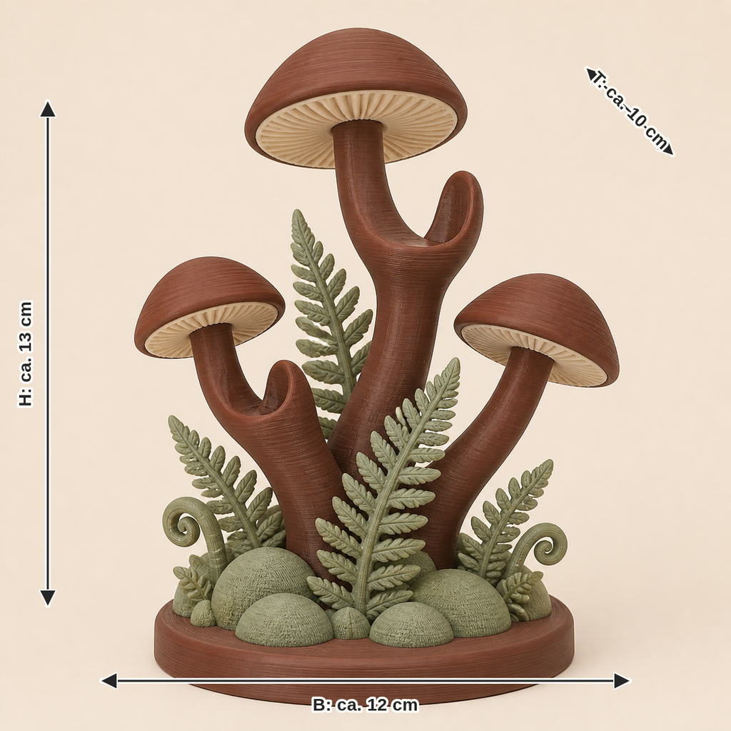 Maßbild für Pilzwald-Ringhalter Farnzweig: Breite ca. 12 cm, Tiefe ca. 10 cm, Höhe ca. 13 cm