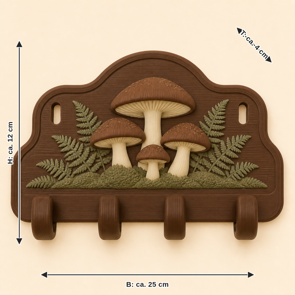 Maßbild für Pilzwald-Schlüsselbrett Farnhaken: Breite ca. 25 cm, Tiefe ca. 4 cm, Höhe ca. 12 cm