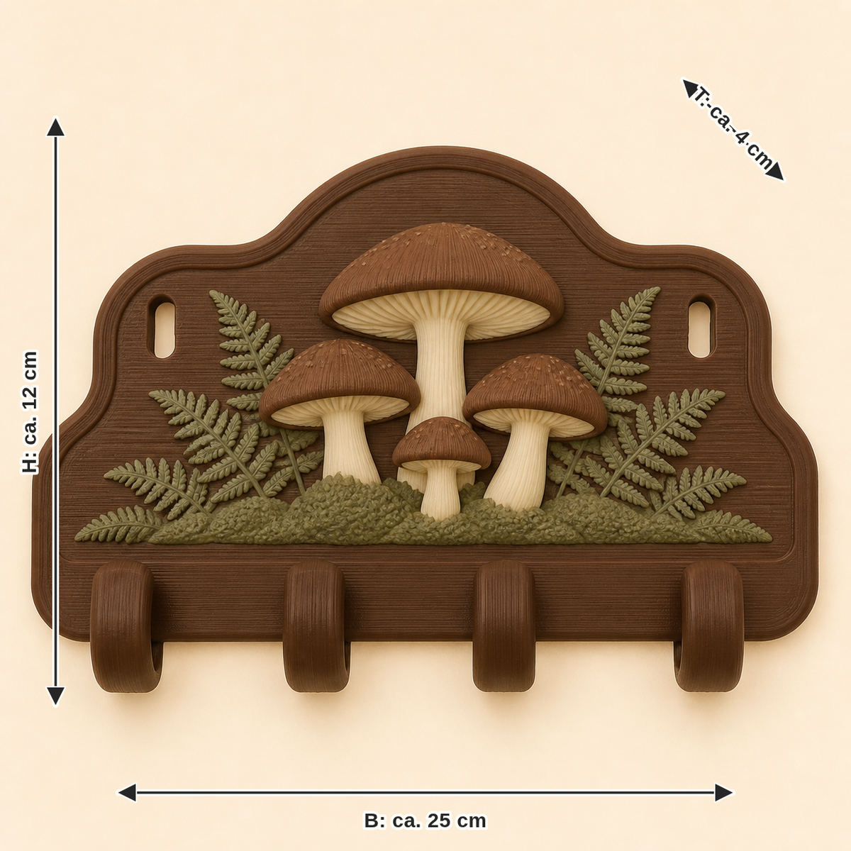 Maßbild für Pilzwald-Schlüsselbrett Farnhaken: Breite ca. 25 cm, Tiefe ca. 4 cm, Höhe ca. 12 cm