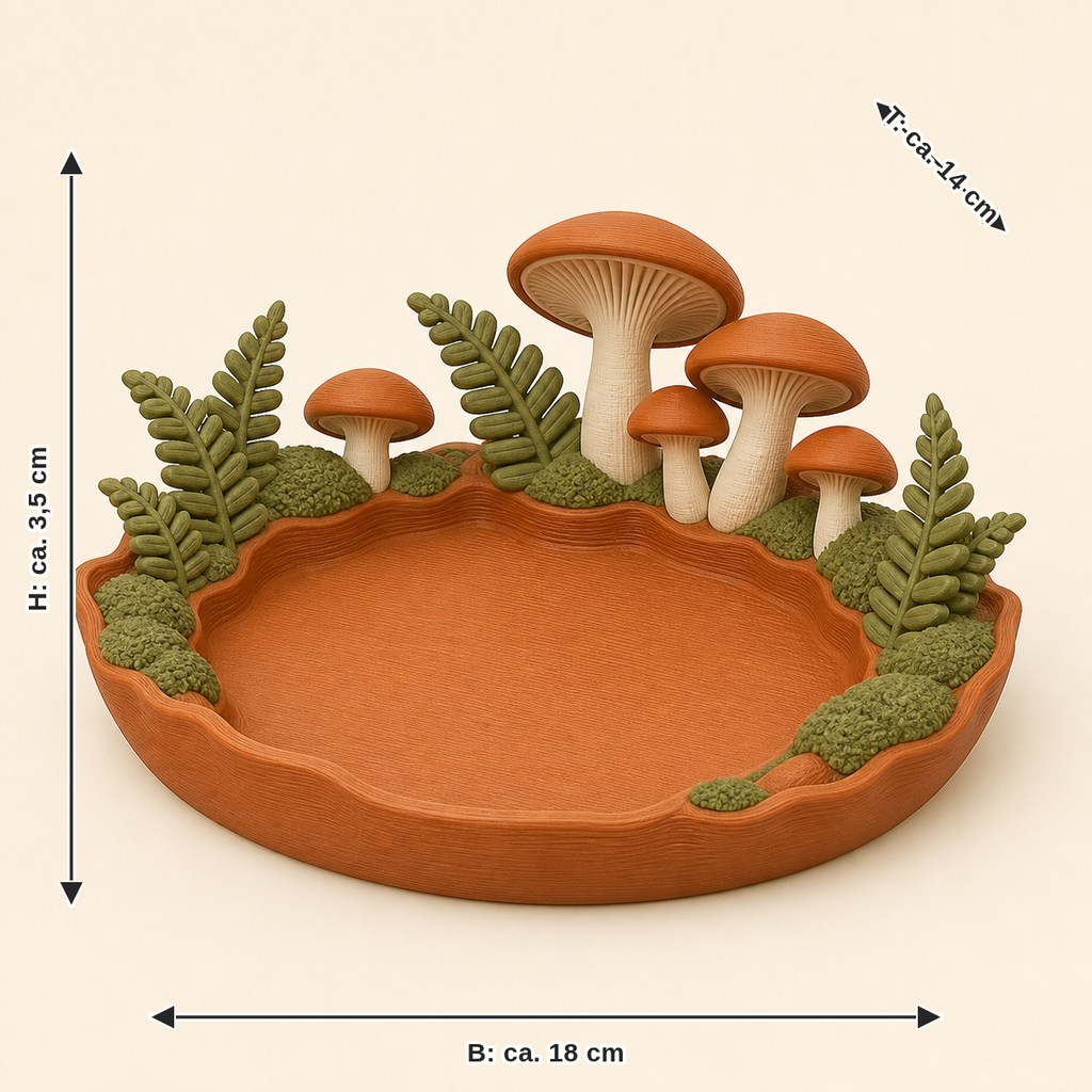 Maßbild für Pilzwald-Schmuckschale Pilzkranz: Breite ca. 18 cm, Tiefe ca. 14 cm, Höhe ca. 3.5 cm