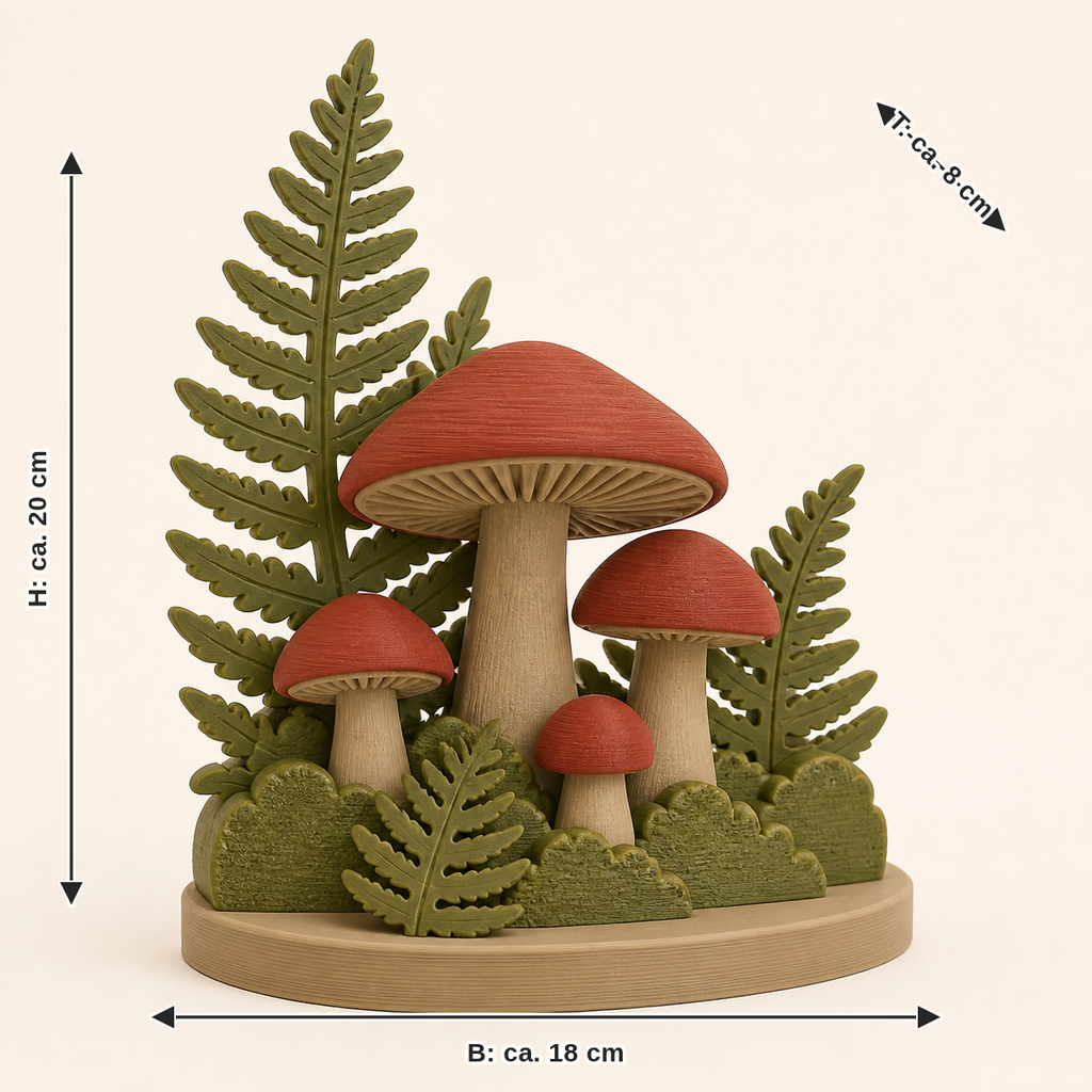 Maßbild für Pilzwald-Tischaufsteller Waldgruppe: Breite ca. 18 cm, Tiefe ca. 8 cm, Höhe ca. 20 cm