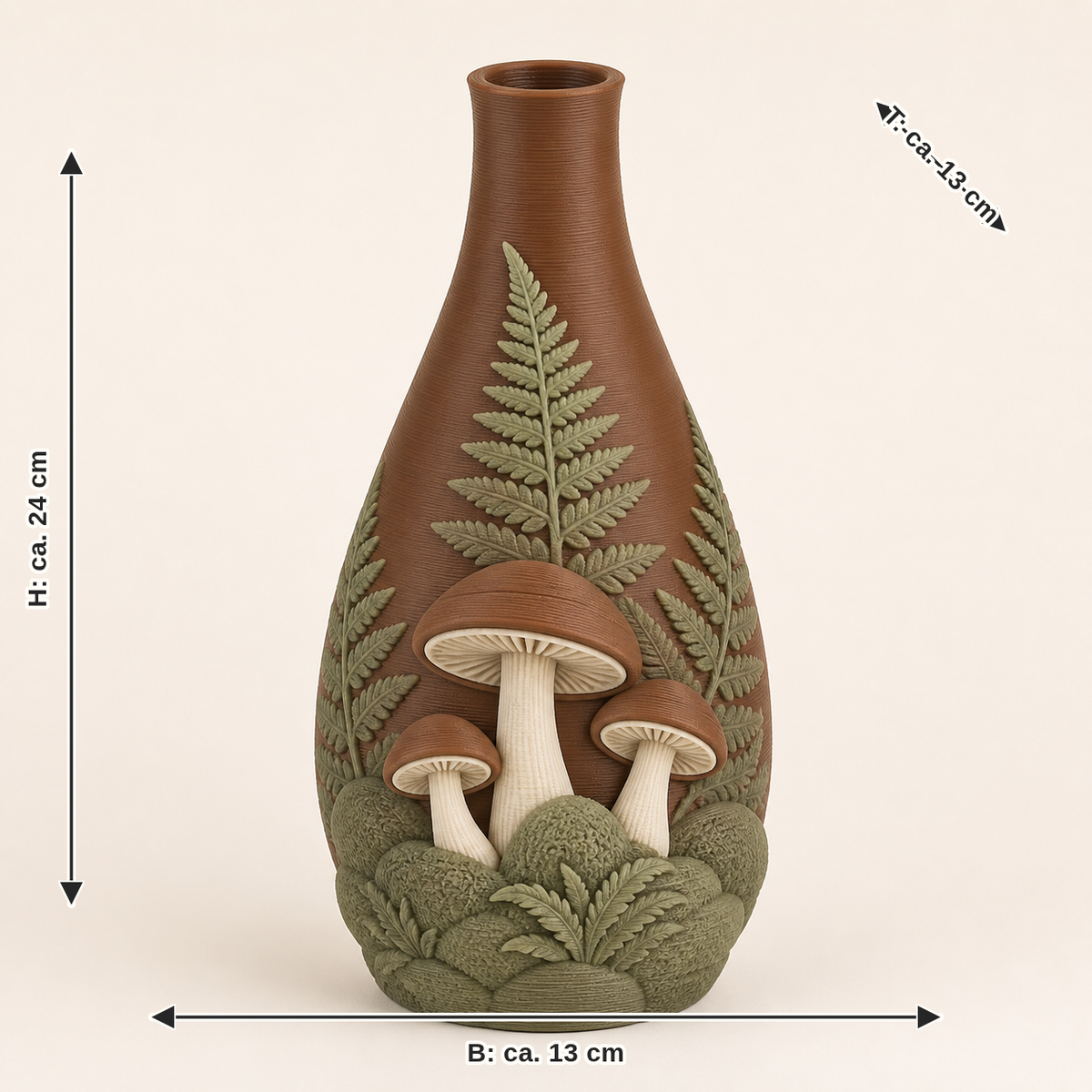 Maßbild für Pilzwald-Trockenblumen-Vase Farnstiel: Breite ca. 13 cm, Tiefe ca. 13 cm, Höhe ca. 24 cm