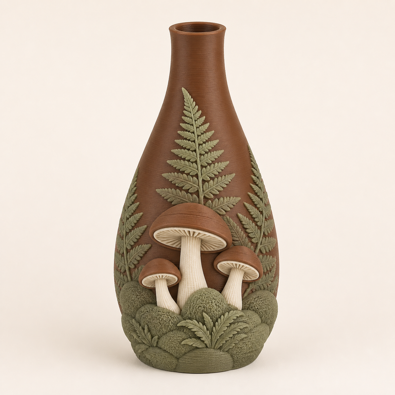 Pilzwald-Trockenblumen-Vase Farnstiel aus 3D-gedrucktem PETG in Kastanienbraun, Salbeigrün, Warmweiß