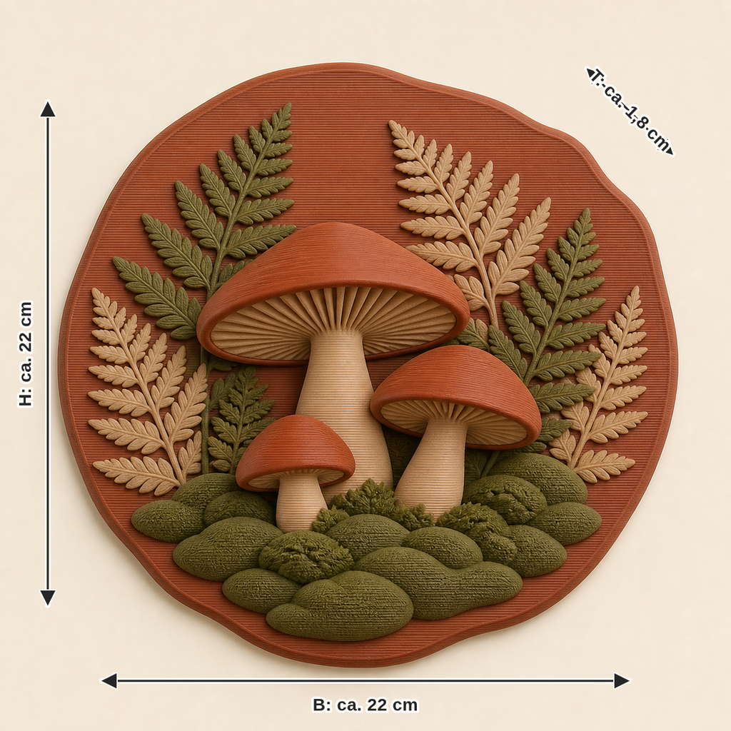 Measurement image for mushroom forest-wall relief Forest floor: width approx. 22 cm, depth approx. 1.8 cm, height approx. 22 cm