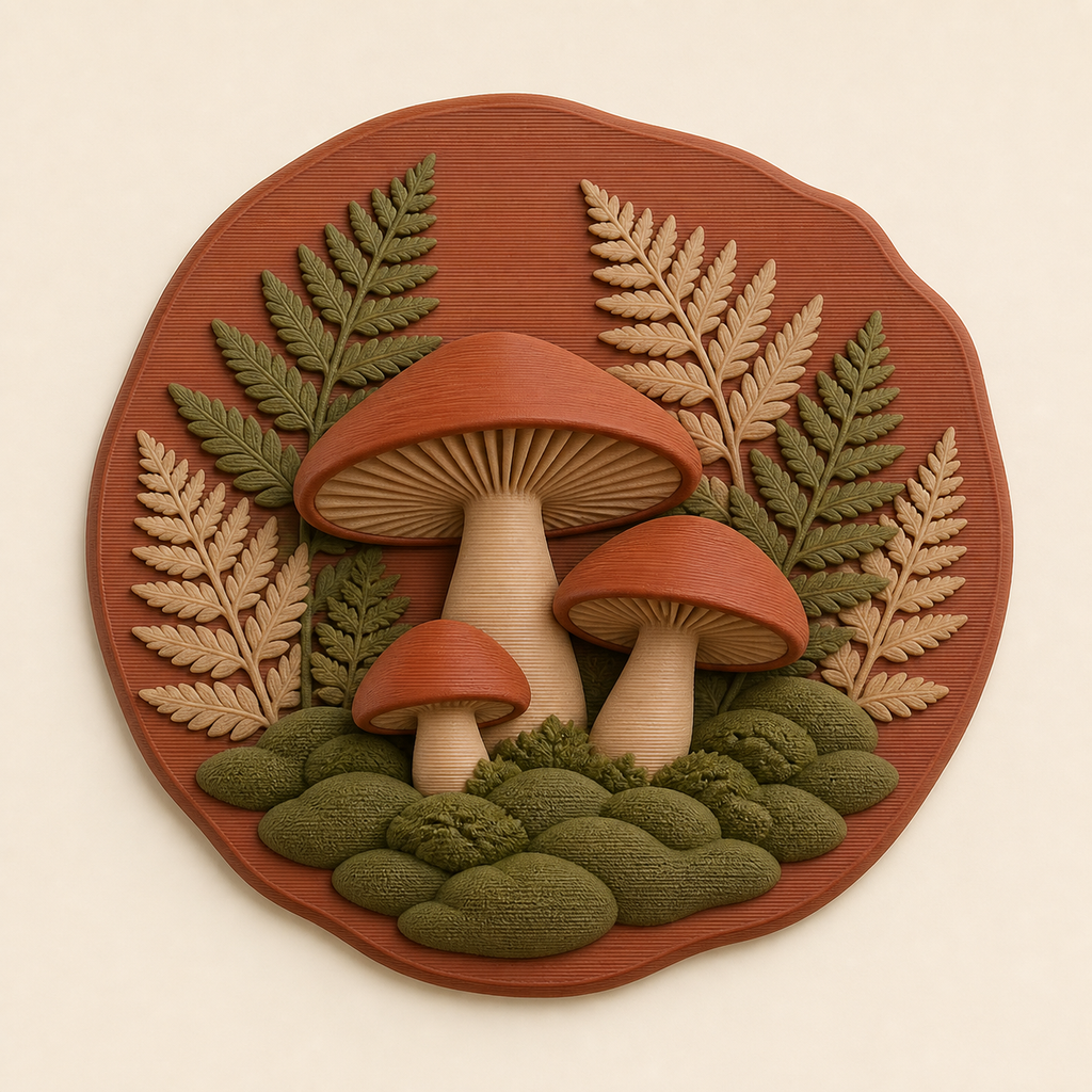mushroom forest-wall relief forest floor in 3D-printed PETG in rust red, moss green, beige