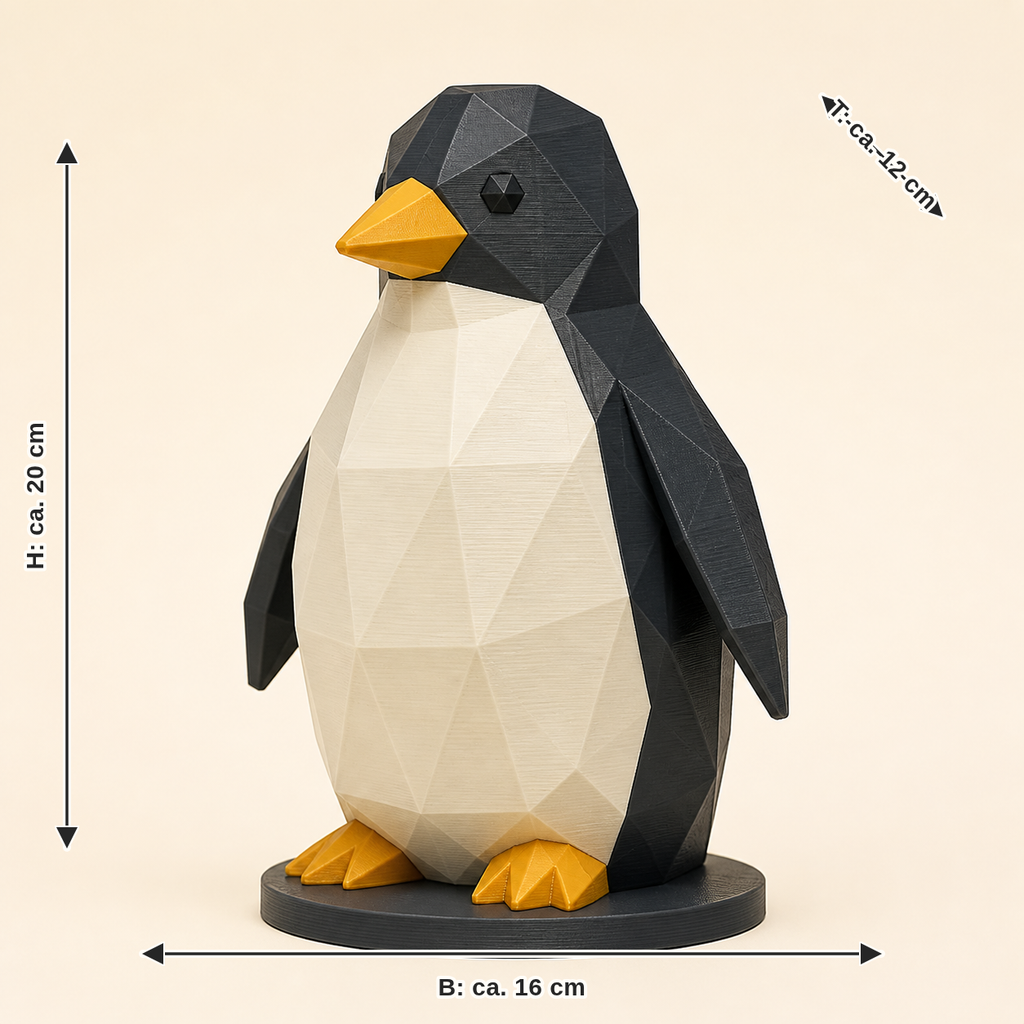 Maßbild für Pinguin-Low-Poly-Skulptur Facettenfigur: Breite ca. 16 cm, Tiefe ca. 12 cm, Höhe ca. 20 cm