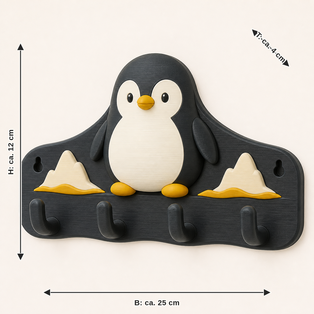 Maßbild für Pinguin-Schlüsselbrett Tierhaken: Breite ca. 25 cm, Tiefe ca. 4 cm, Höhe ca. 12 cm