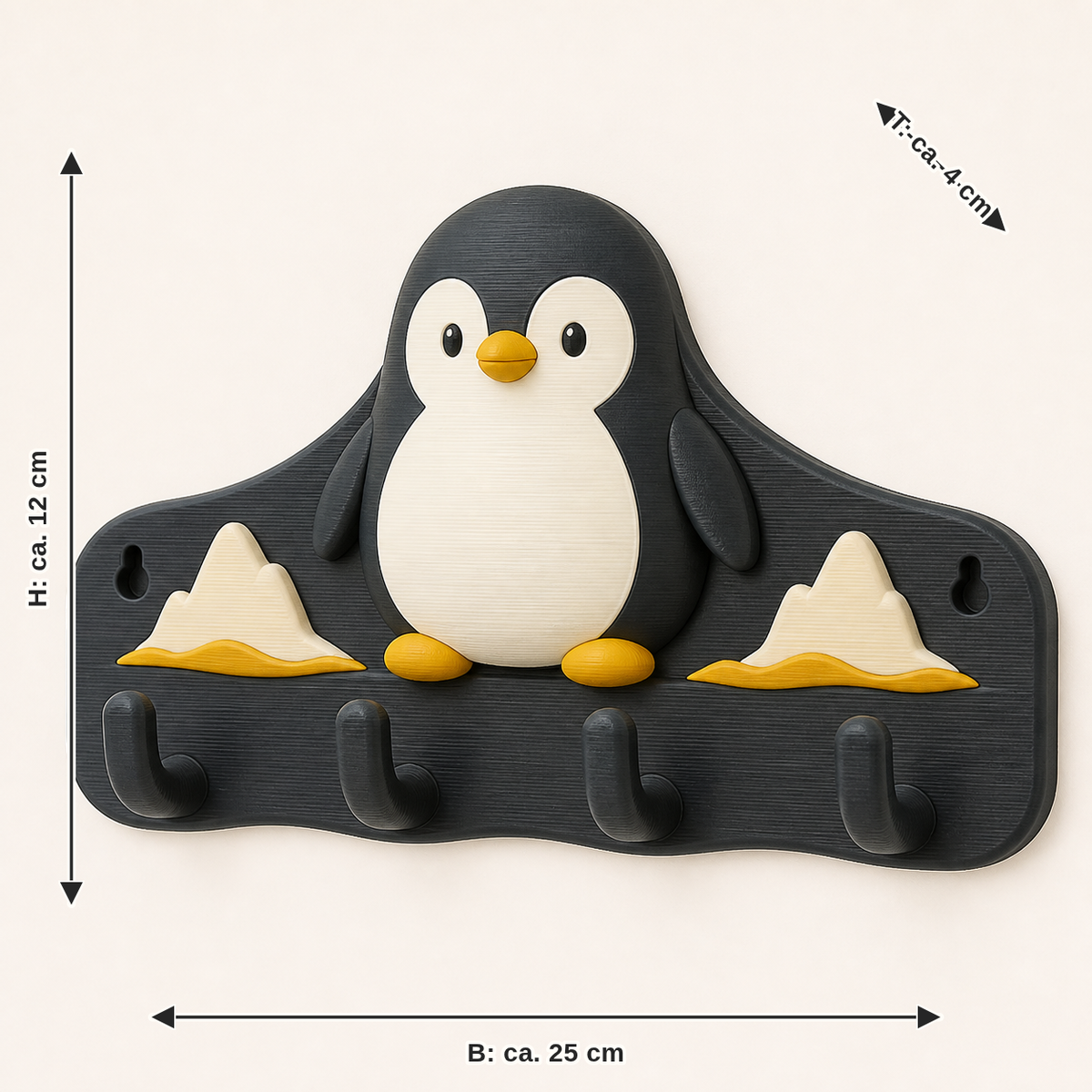 Maßbild für Pinguin-Schlüsselbrett Tierhaken: Breite ca. 25 cm, Tiefe ca. 4 cm, Höhe ca. 12 cm