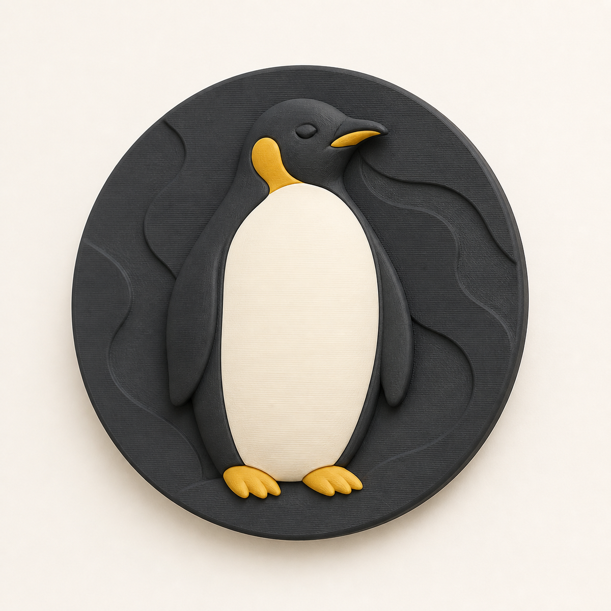 Pinguin-Wandrelief Tierporträt aus 3D-gedrucktem PETG in Anthrazit, Knochenweiß, Ockergelb