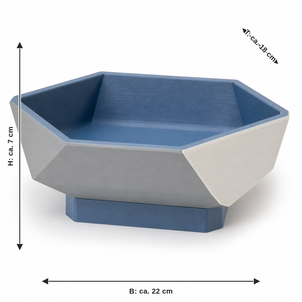 Maßbild für Polygonale Fußschale in Blau und Grau: Breite ca. 22 cm, Tiefe ca. 18 cm, Höhe ca. 7 cm