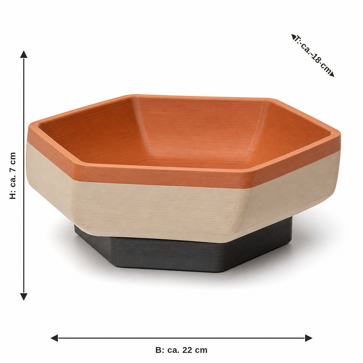 Maßbild für Polygonale Fußschale in Terrakotta und Creme: Breite ca. 22 cm, Tiefe ca. 18 cm, Höhe ca. 7 cm