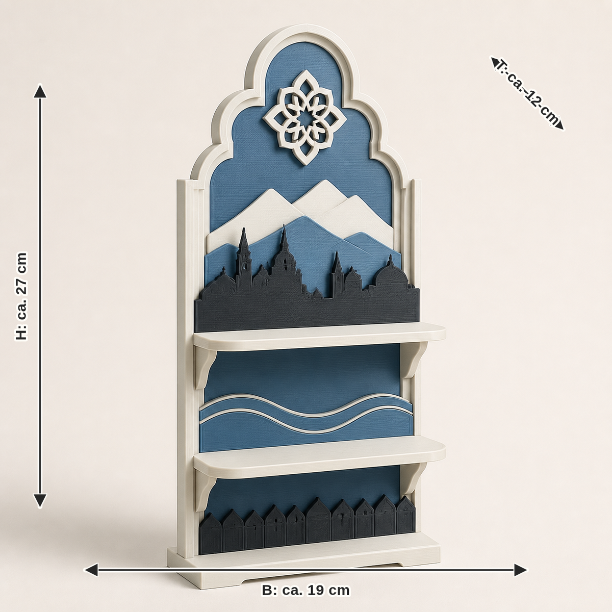 Maßbild für Präsentationsrahmen Barockfenster – Salzburg: Breite ca. 19 cm, Tiefe ca. 12 cm, Höhe ca. 27 cm