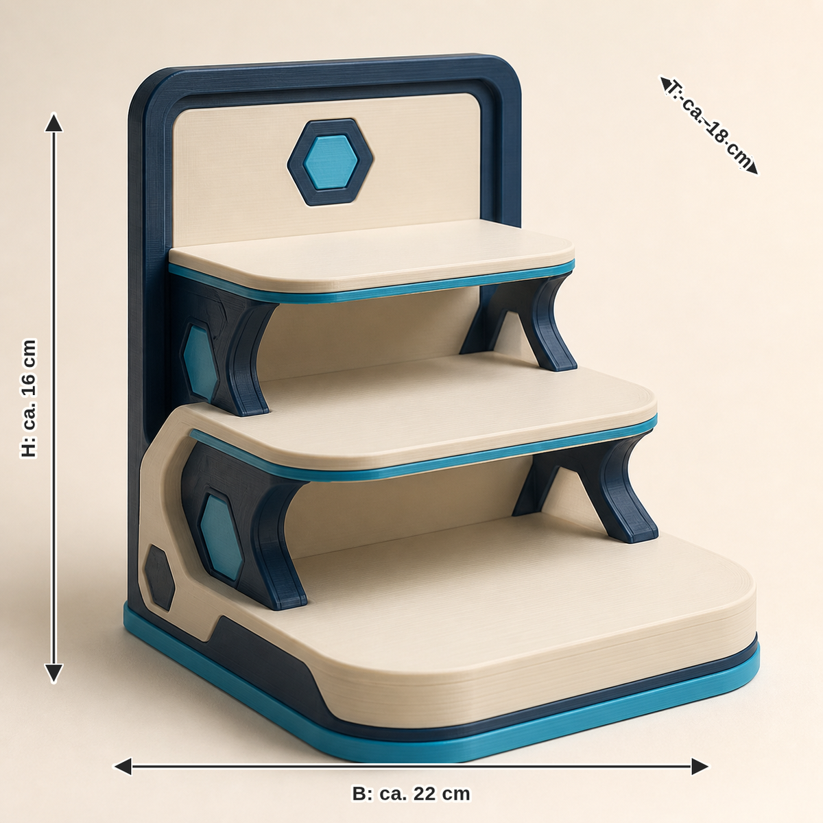 Maßbild für Präsentationspodest Stufenblick – Futuristisch: Breite ca. 22 cm, Tiefe ca. 18 cm, Höhe ca. 16 cm