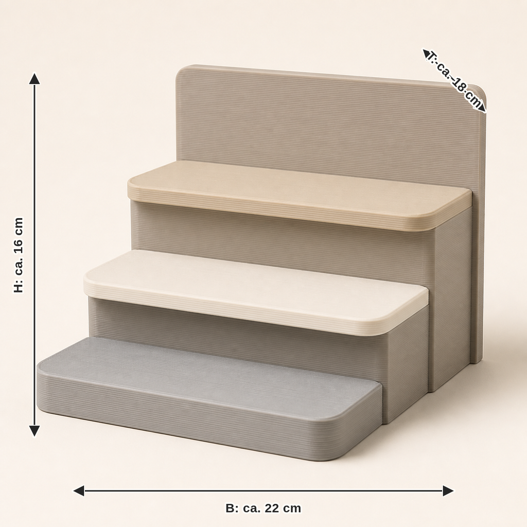 Maßbild für Präsentationspodest Stufenblick – Minimalistisch: Breite ca. 22 cm, Tiefe ca. 18 cm, Höhe ca. 16 cm