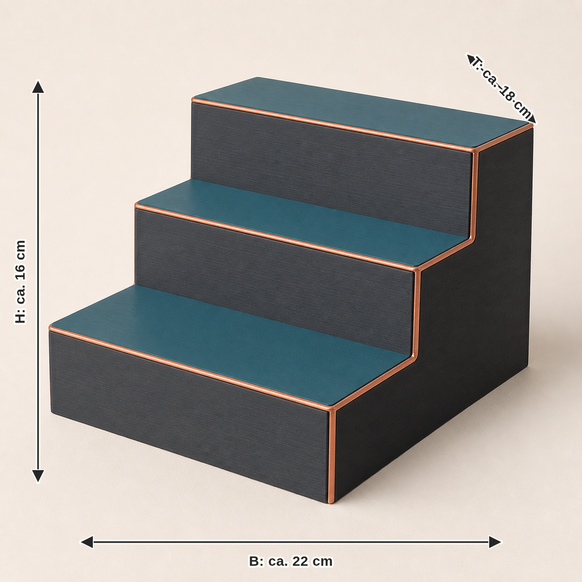 Maßbild für Präsentationspodest Stufenblick – Modern: Breite ca. 22 cm, Tiefe ca. 18 cm, Höhe ca. 16 cm