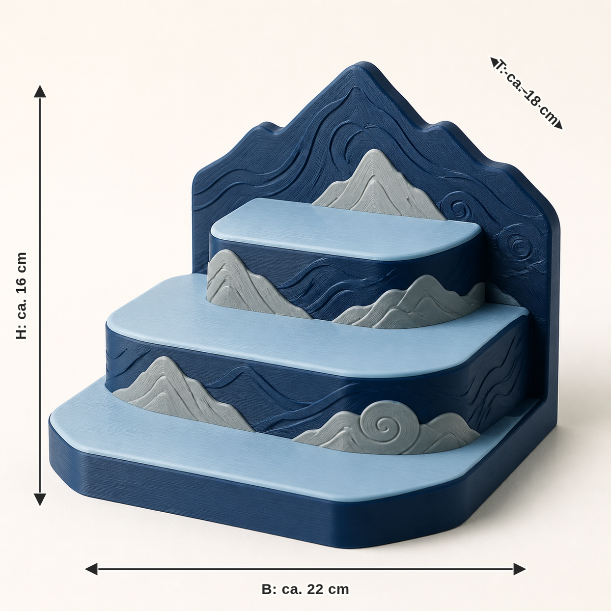 Maßbild für Präsentationspodest Stufenblick – Nordisch & Mythisch: Breite ca. 22 cm, Tiefe ca. 18 cm, Höhe ca. 16 cm