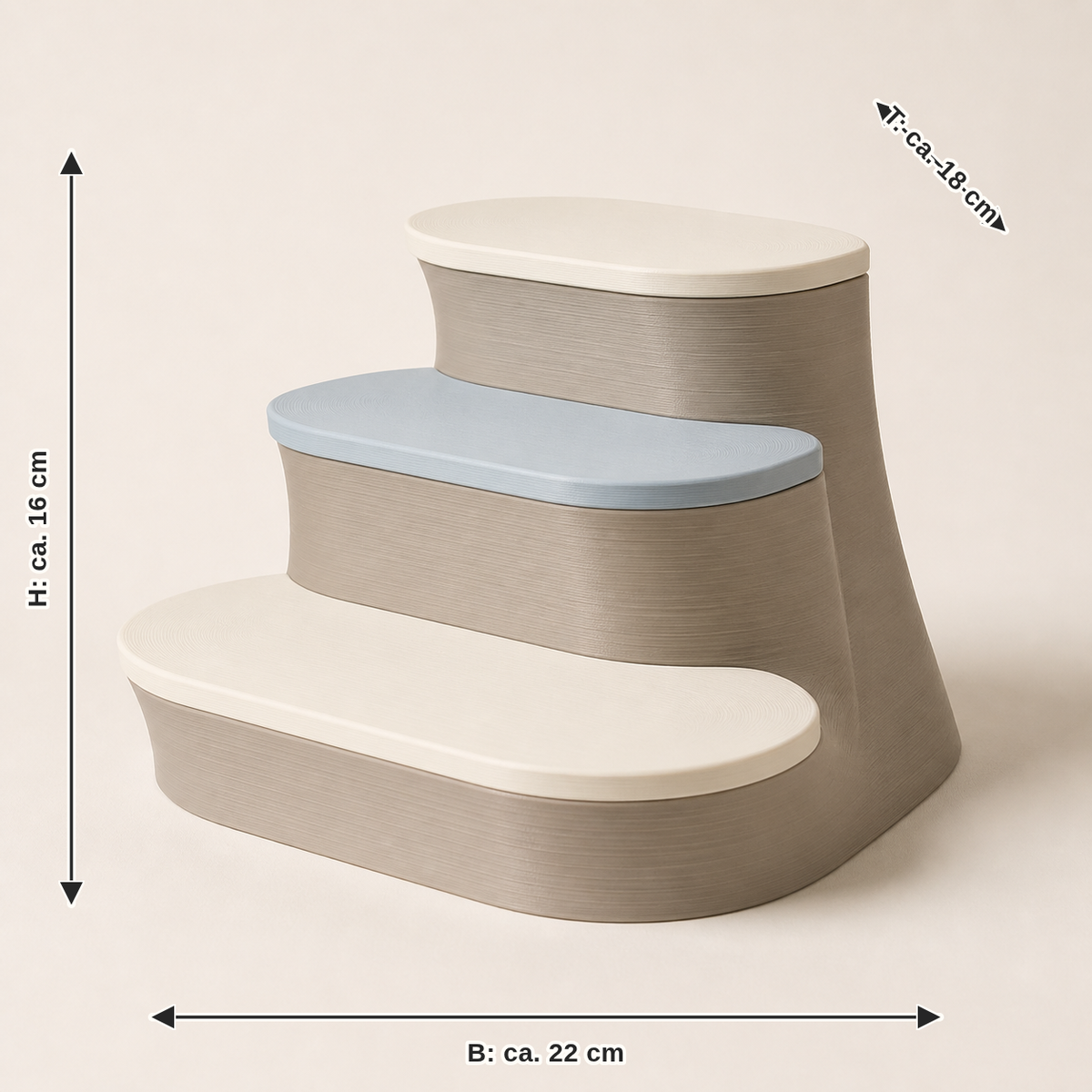 Maßbild für Präsentationspodest Stufenblick – Still: Breite ca. 22 cm, Tiefe ca. 18 cm, Höhe ca. 16 cm