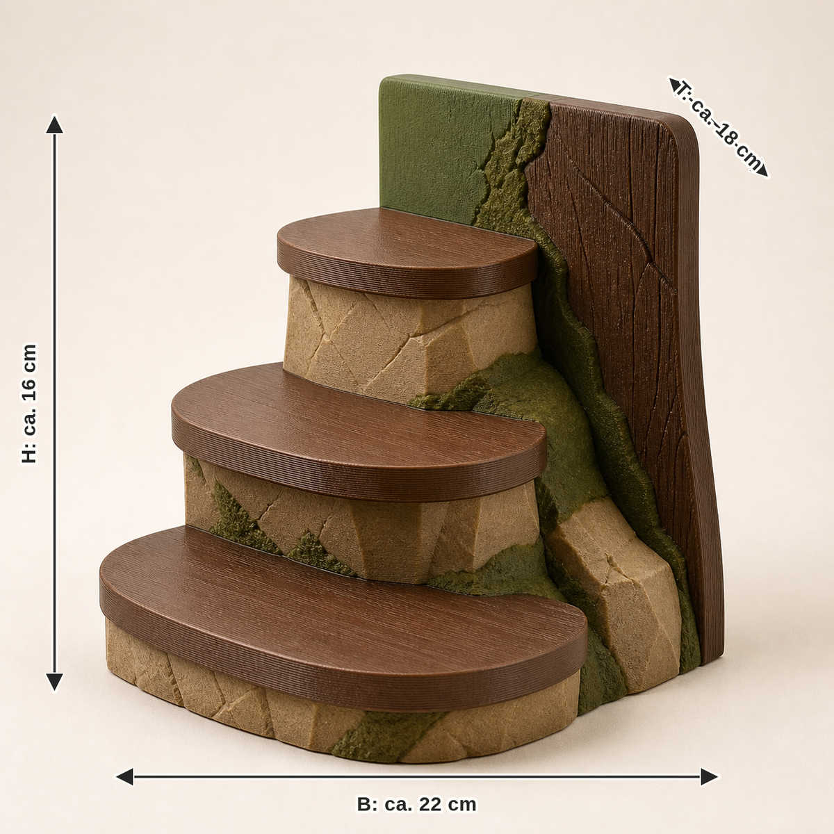 Maßbild für Präsentationspodest Stufenblick – Urig: Breite ca. 22 cm, Tiefe ca. 18 cm, Höhe ca. 16 cm