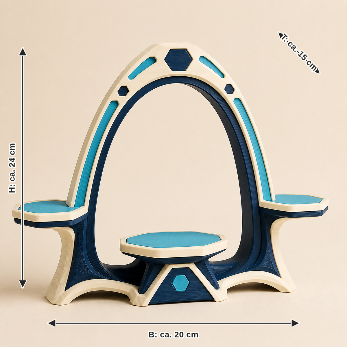 Maßbild für Präsentationsständer Portal – Futuristisch: Breite ca. 20 cm, Tiefe ca. 15 cm, Höhe ca. 24 cm