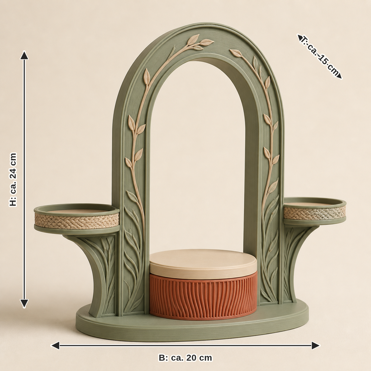 Maßbild für Präsentationsständer Portal – Landhaus: Breite ca. 20 cm, Tiefe ca. 15 cm, Höhe ca. 24 cm