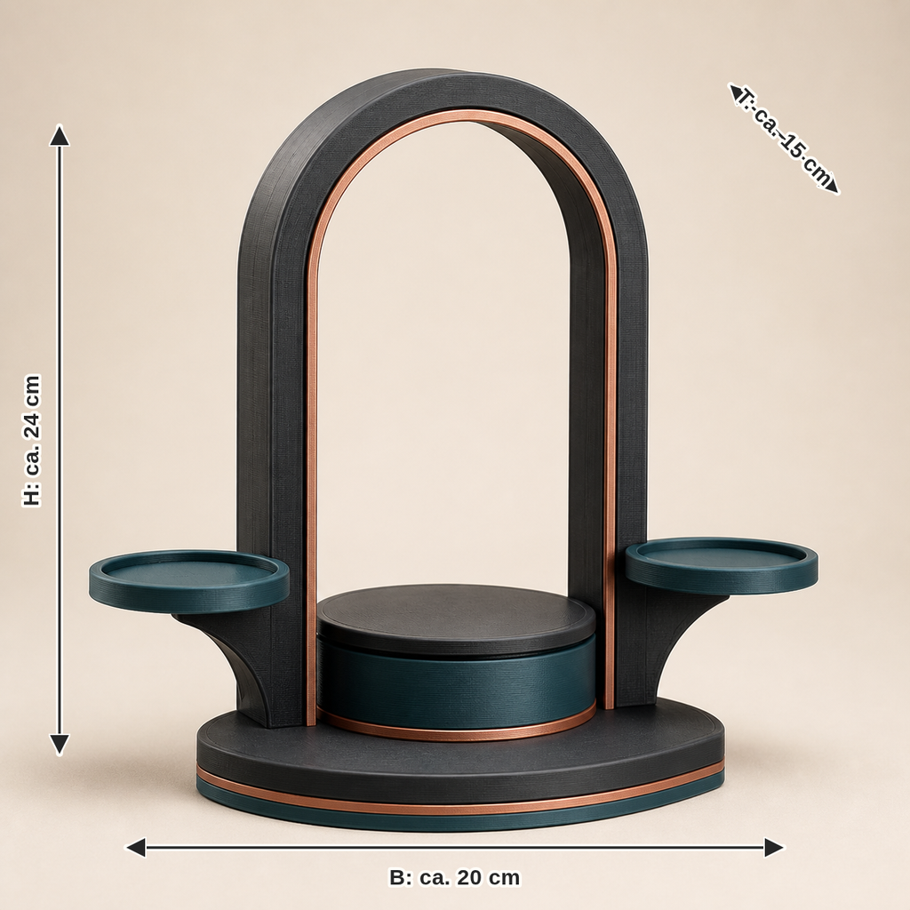 Maßbild für Präsentationsständer Portal – Modern: Breite ca. 20 cm, Tiefe ca. 15 cm, Höhe ca. 24 cm