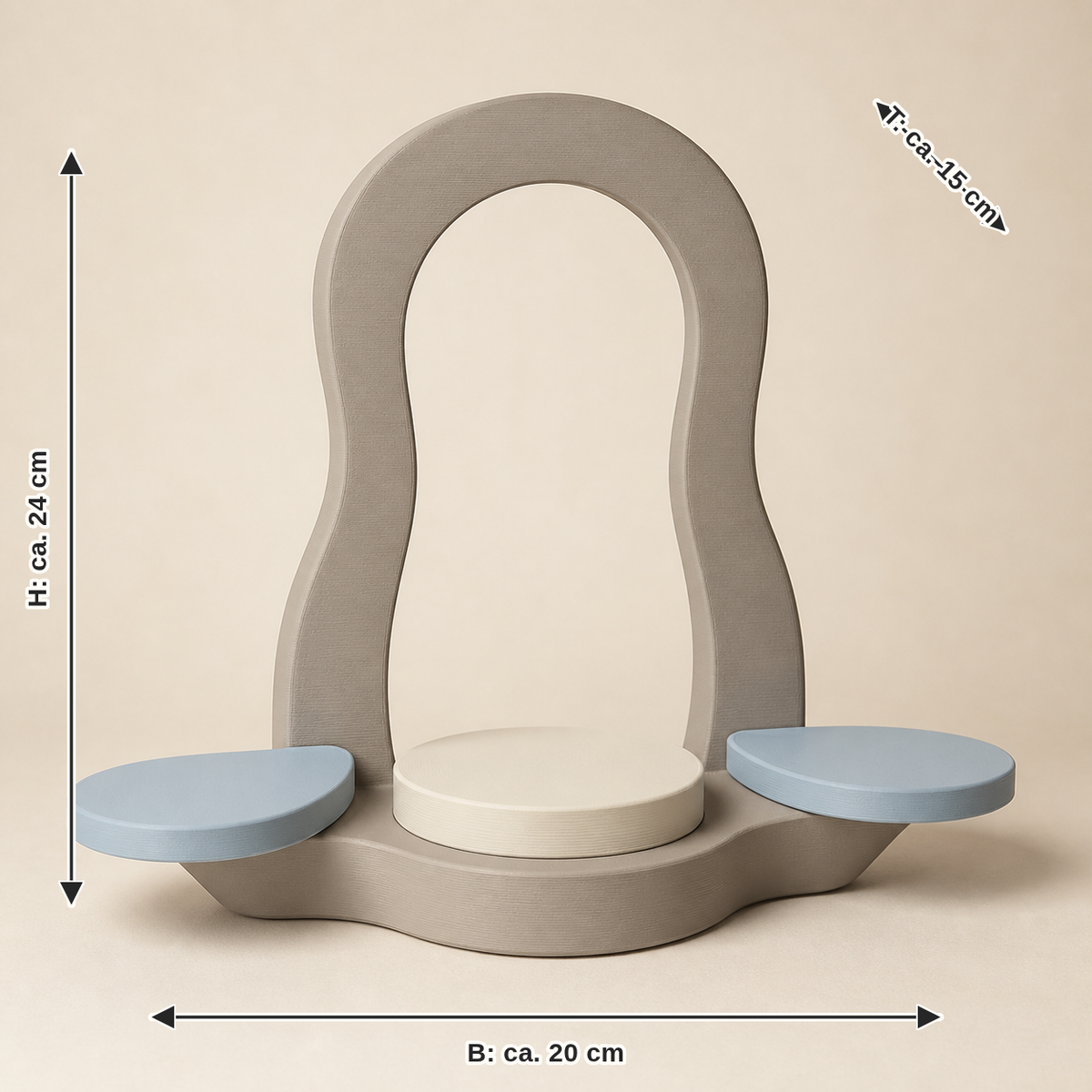 Maßbild für Präsentationsständer Portal – Still: Breite ca. 20 cm, Tiefe ca. 15 cm, Höhe ca. 24 cm