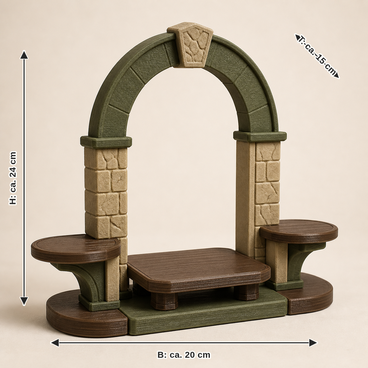 Maßbild für Präsentationsständer Portal – Urig: Breite ca. 20 cm, Tiefe ca. 15 cm, Höhe ca. 24 cm