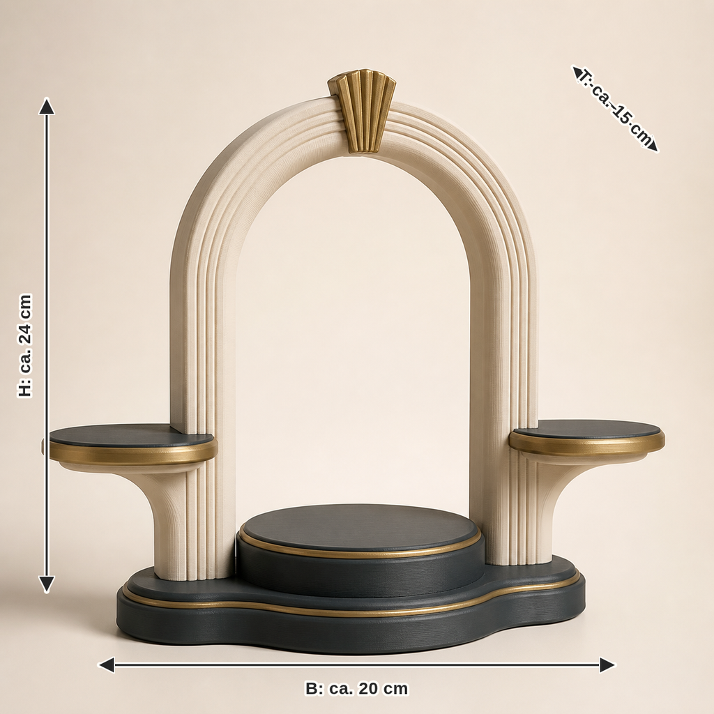 Maßbild für Präsentationsständer Portal – Zeitlos: Breite ca. 20 cm, Tiefe ca. 15 cm, Höhe ca. 24 cm