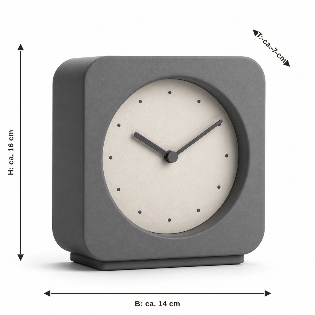 Measurement for square table clock in graphite grey: width approx. 14 cm, depth approx. 7 cm, height approx. 16 cm