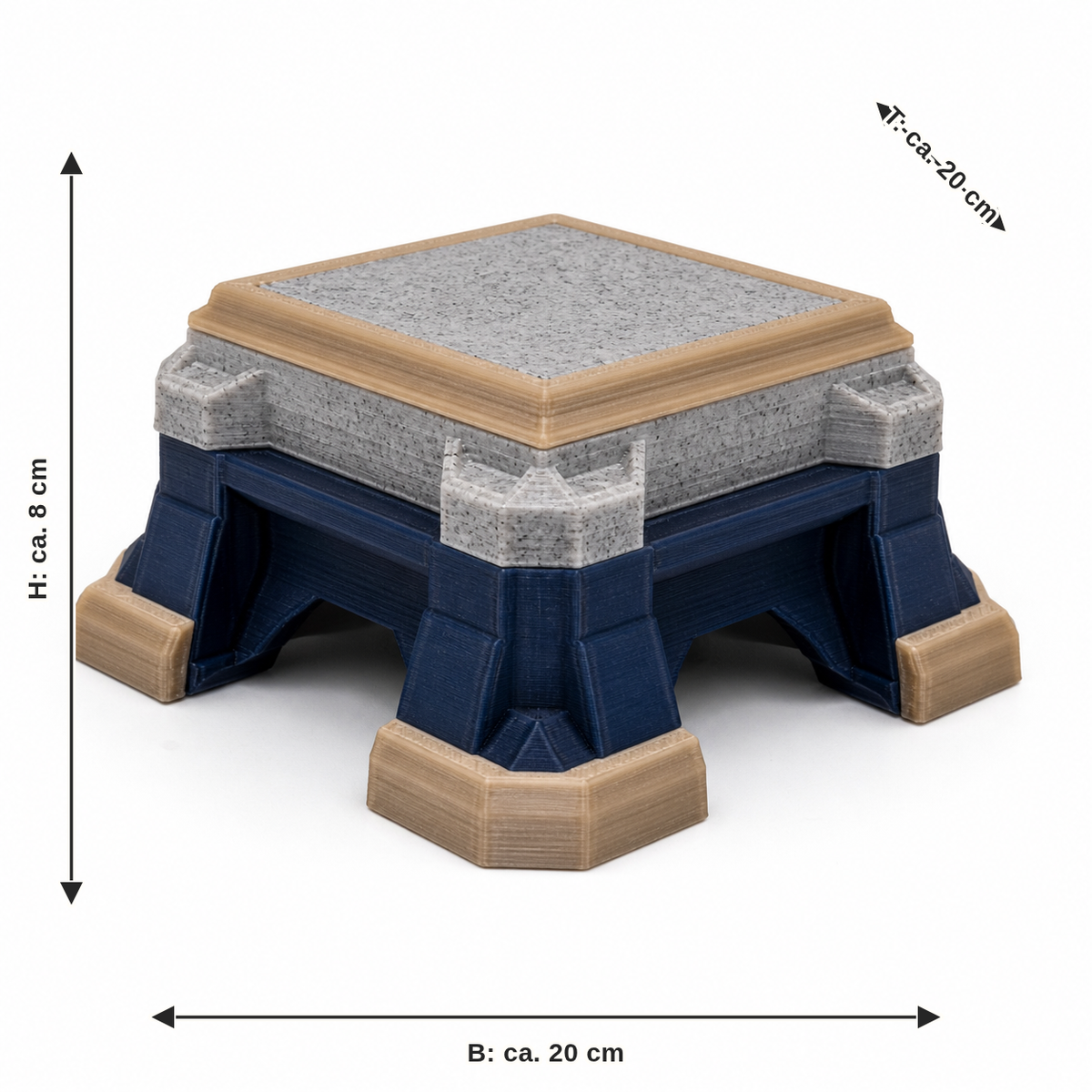 Maßbild für Quadratischer Präsentationssockel in Navy und Steingrau: Breite ca. 20 cm, Tiefe ca. 20 cm, Höhe ca. 8 cm