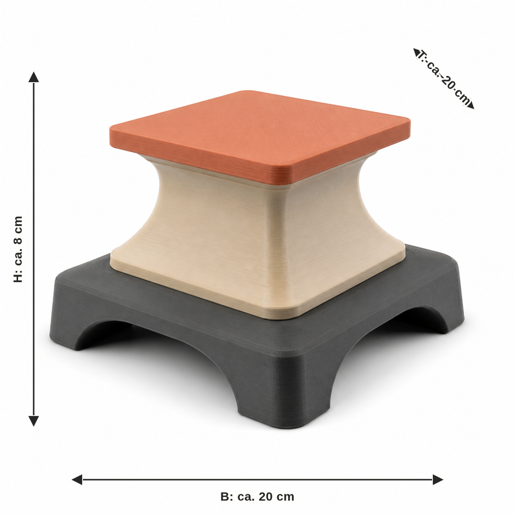 Maßbild für Quadratischer Präsentationssockel in Terrakotta: Breite ca. 20 cm, Tiefe ca. 20 cm, Höhe ca. 8 cm