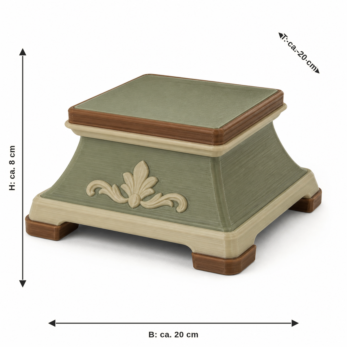 Maßbild für Quadratischer Präsentationssockel mit Blattrelief: Breite ca. 20 cm, Tiefe ca. 20 cm, Höhe ca. 8 cm