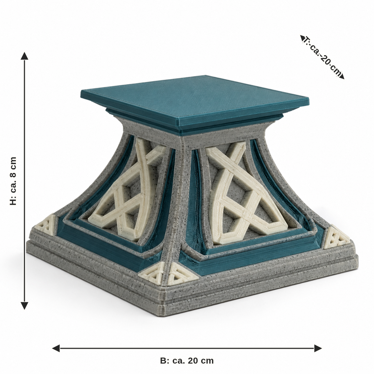 Maßbild für Quadratischer Präsentationssockel mit Runenstreben: Breite ca. 20 cm, Tiefe ca. 20 cm, Höhe ca. 8 cm