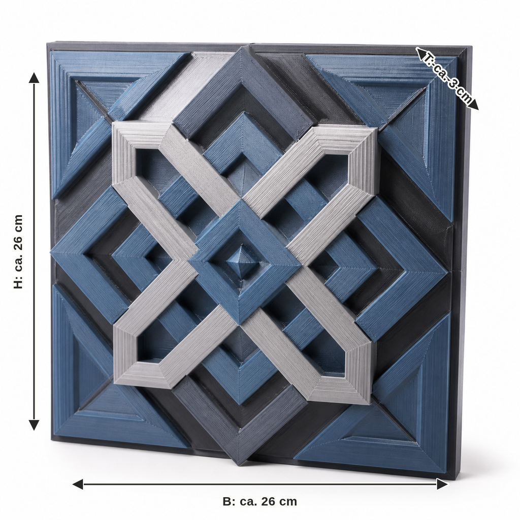 Dimensional image for square wall relief with continuous node: width approx. 26 cm, depth approx. 3 cm, height approx. 26 cm