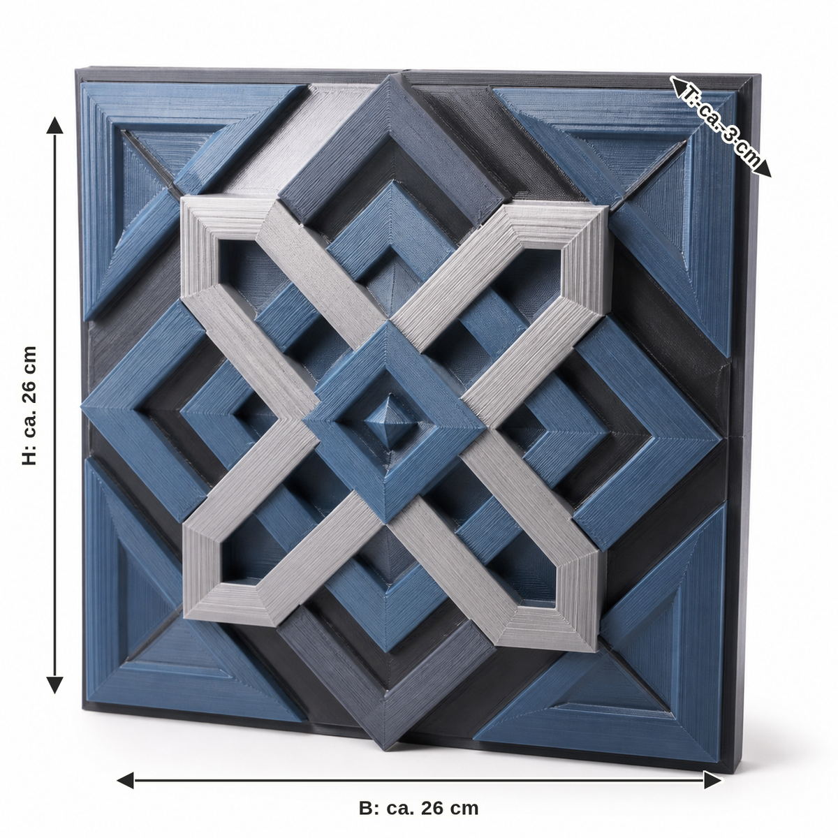 Dimensional image for square wall relief with continuous node: width approx. 26 cm, depth approx. 3 cm, height approx. 26 cm