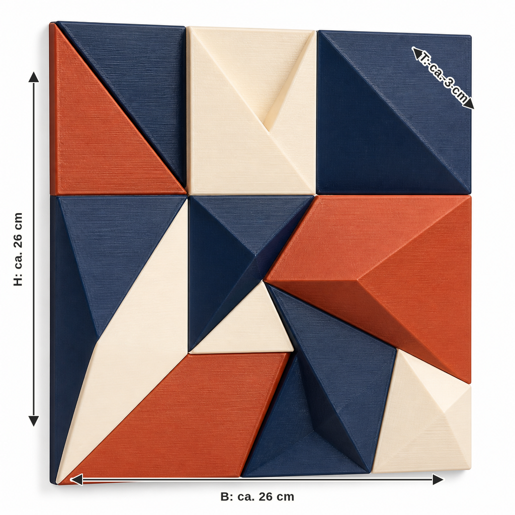 Maßbild für Quadratisches Wandrelief mit Faltgeometrie: Breite ca. 26 cm, Tiefe ca. 3 cm, Höhe ca. 26 cm