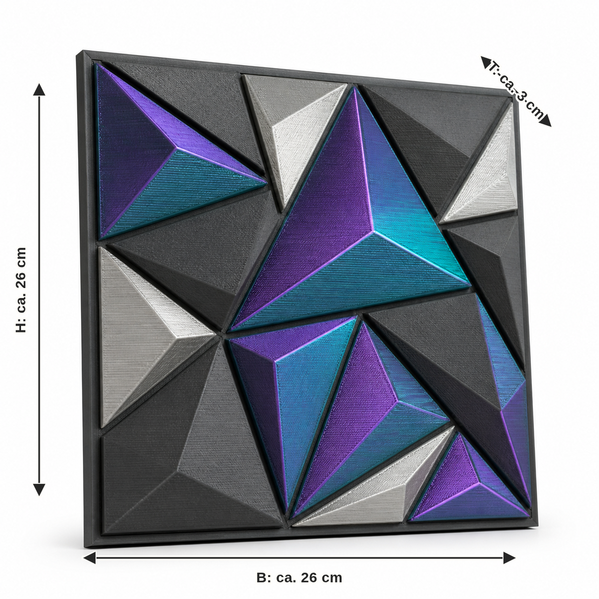 Measurement image for square wall relief with crystal facets: width approx. 26 cm, depth approx. 3 cm, height approx. 26 cm
