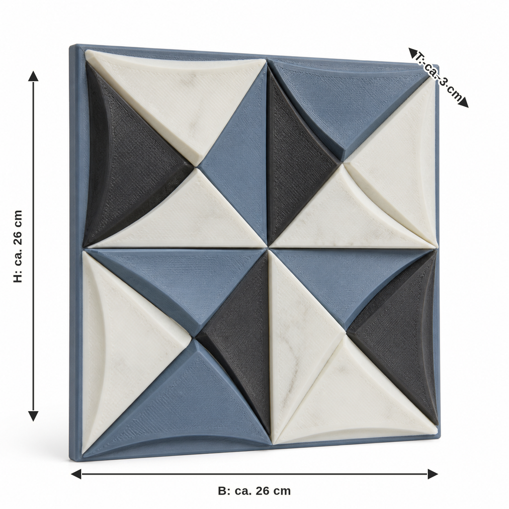 Dimensional image for square wall relief with quilt star: width approx. 26 cm, depth approx. 3 cm, height approx. 26 cm