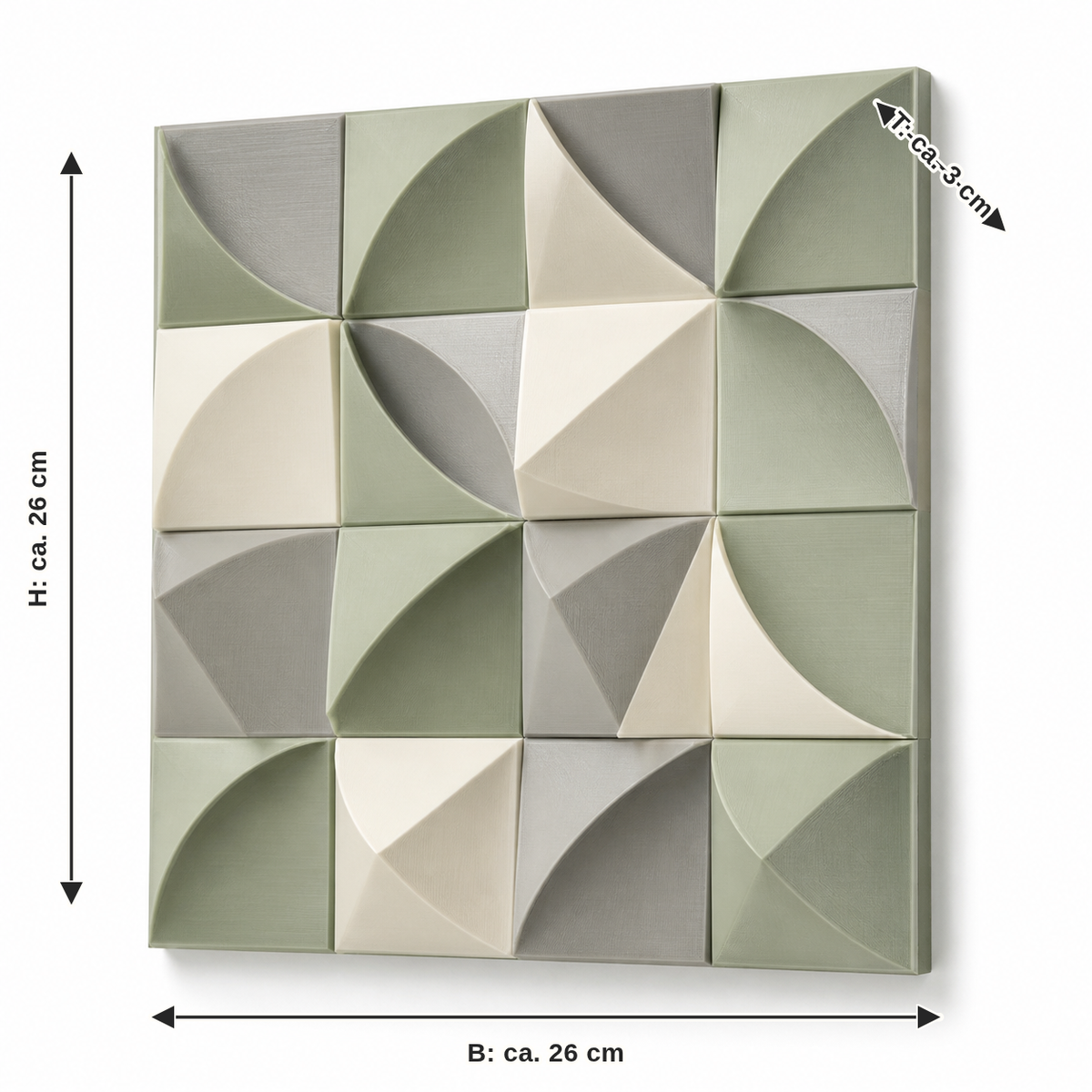 Measurement for square wall relief with soft folding geometry: width approx. 26 cm, depth approx. 3 cm, height approx. 26 cm