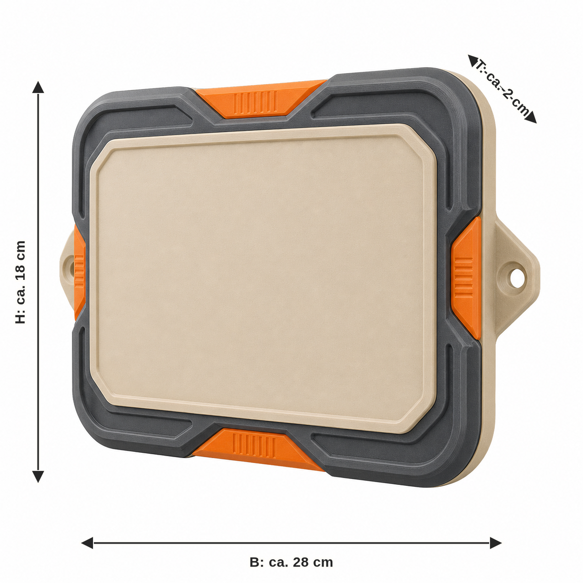 Dimensional image for square wall sign with orange details: width approx. 28 cm, depth approx. 2 cm, height approx. 18 cm
